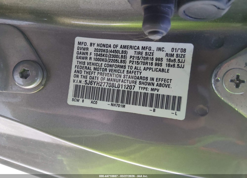 2008 HONDA ELEMENT EX VIN: 5J6YH27708L011207