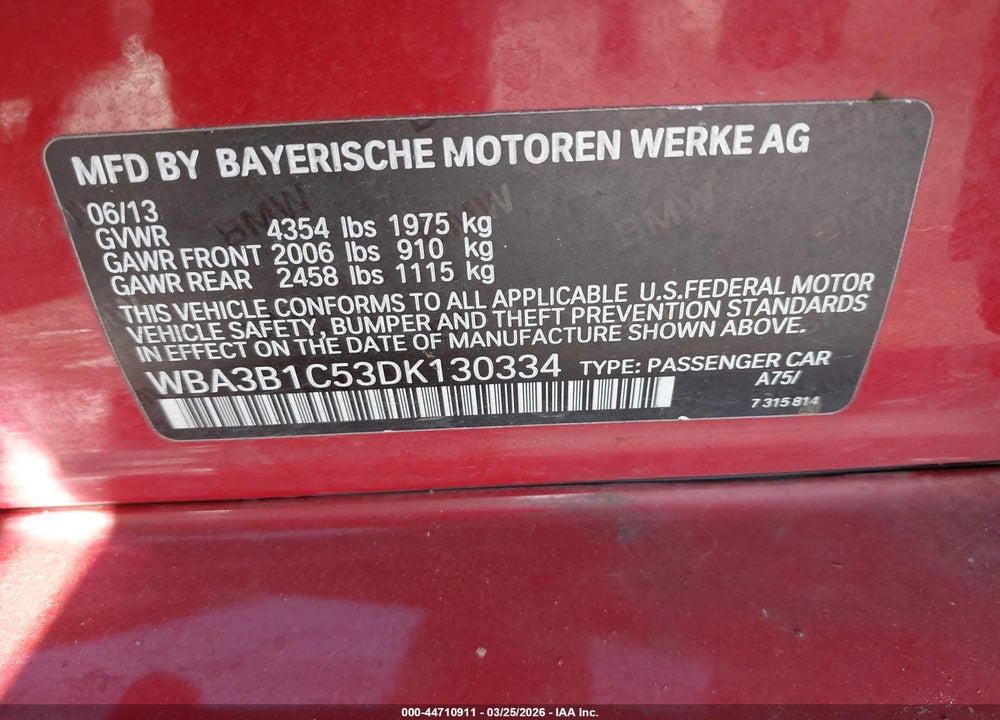 2013 BMW 320I VIN: WBA3B1C53DK130334