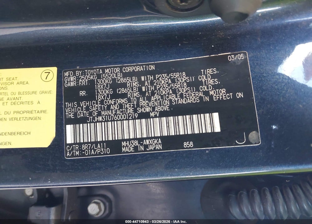 2006 LEXUS RX 400H VIN: JTJHW31U760001219