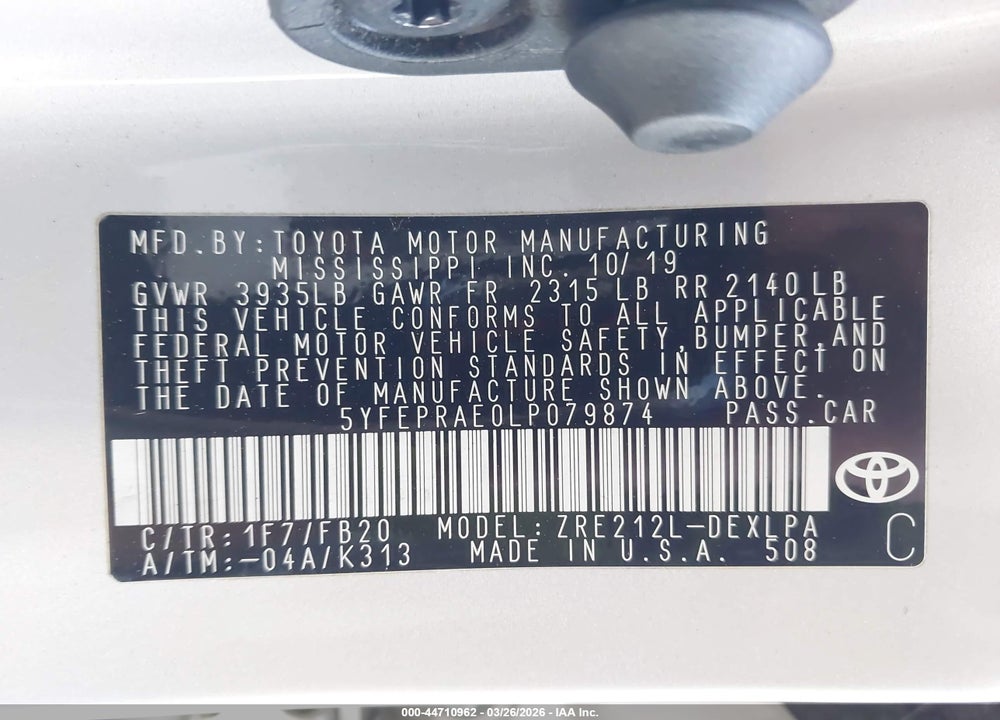 2020 TOYOTA COROLLA LE VIN: 5YFEPRAE0LP079874