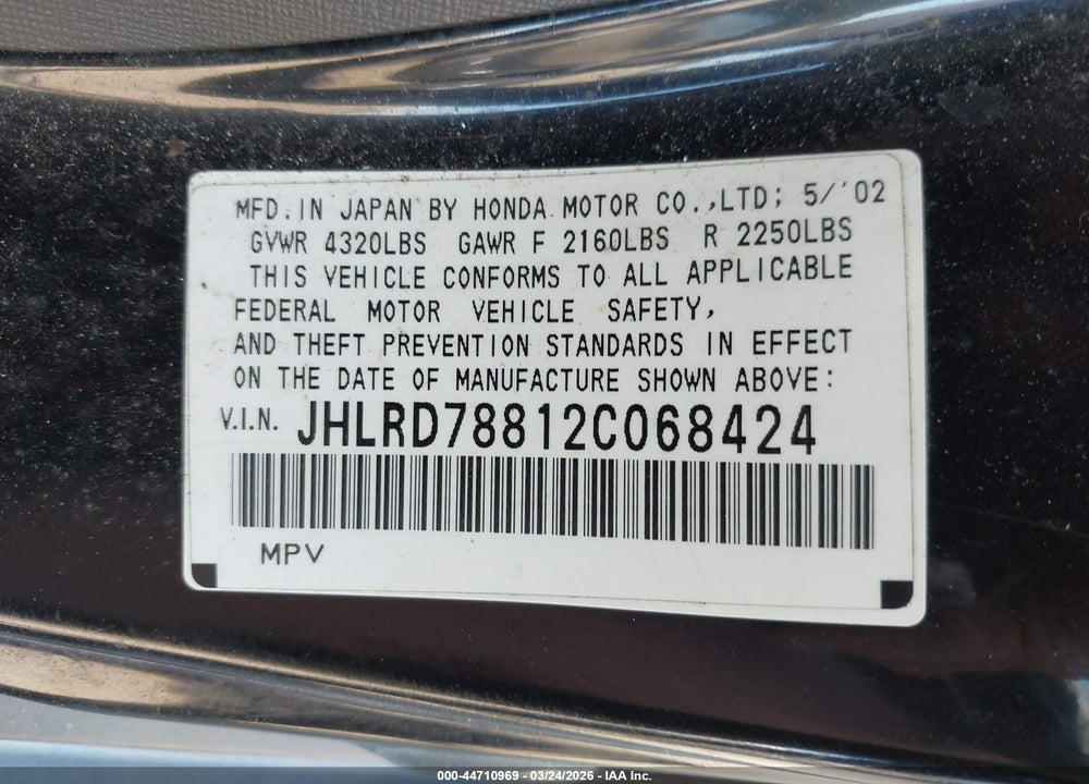 2002 HONDA CR-V EX VIN: JHLRD78812C068424