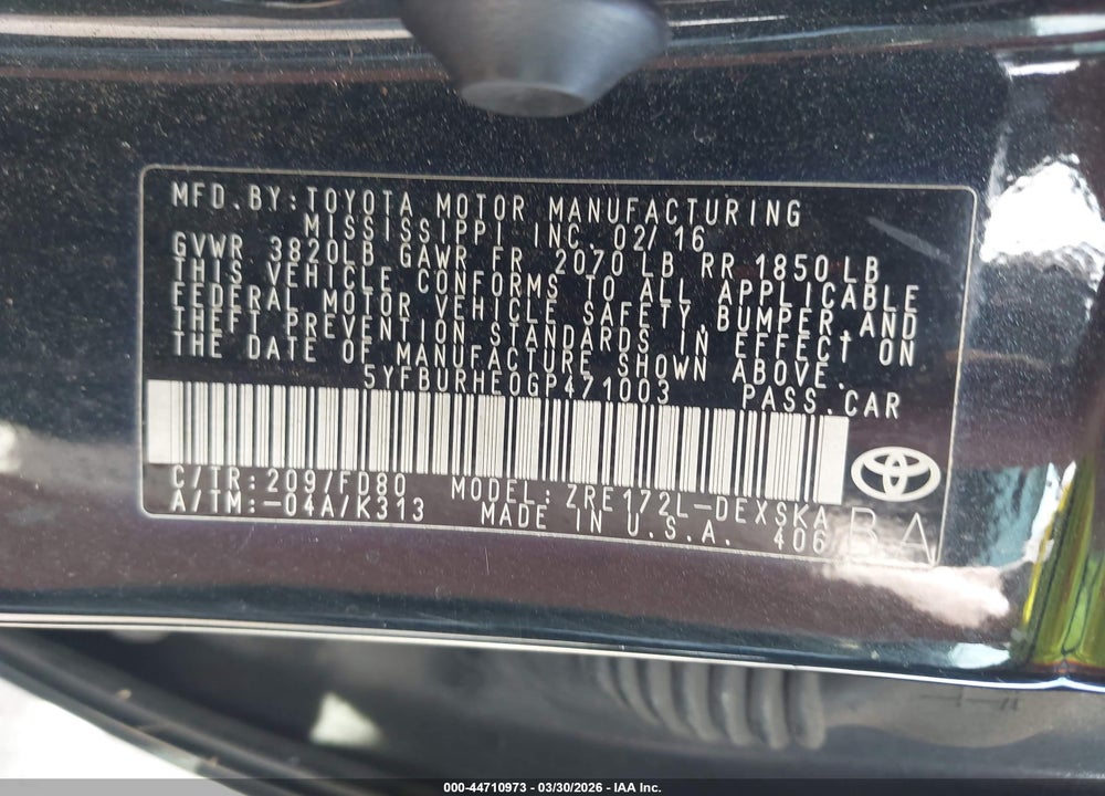 2016 TOYOTA COROLLA S PLUS VIN: 5YFBURHE0GP471003