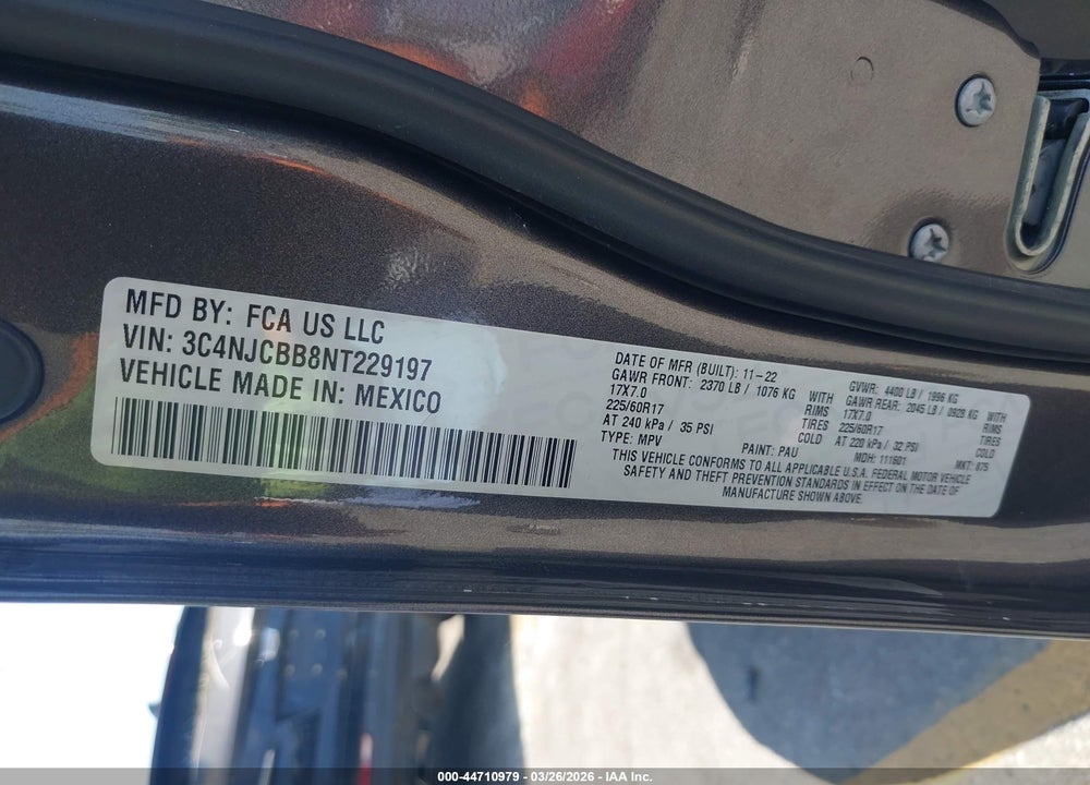2022 JEEP COMPASS LATITUDE FWD VIN: 3C4NJCBB8NT229197