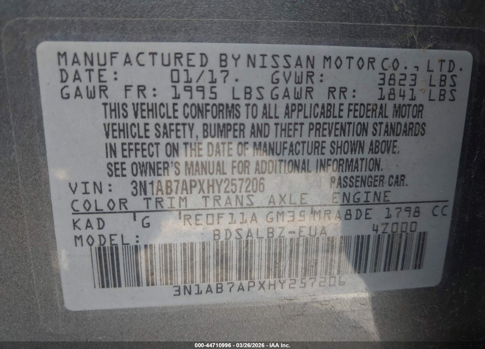 2017 NISSAN SENTRA S VIN: 3N1AB7APXHY257206