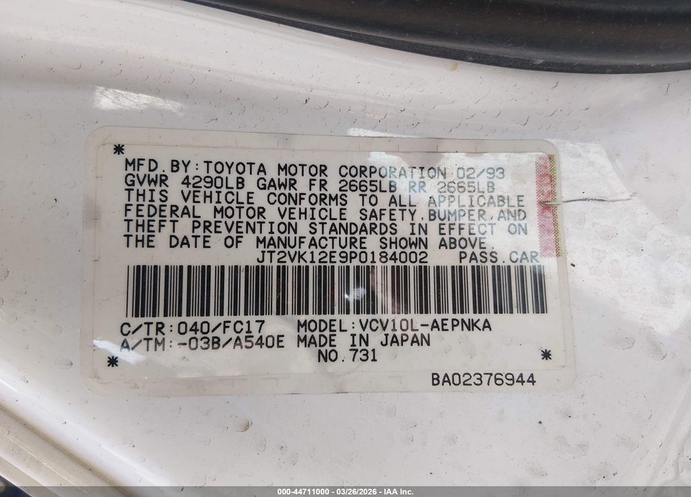1993 TOYOTA CAMRY VIN: JT2VK12E9P0184002