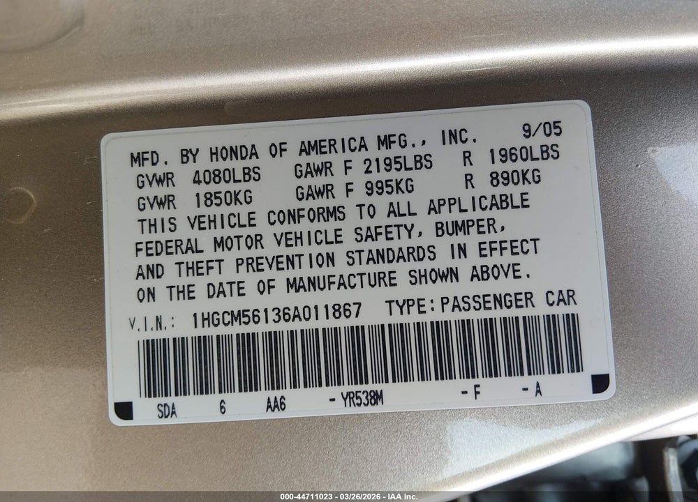 2006 HONDA ACCORD 2.4 VP VIN: 1HGCM56136A011867