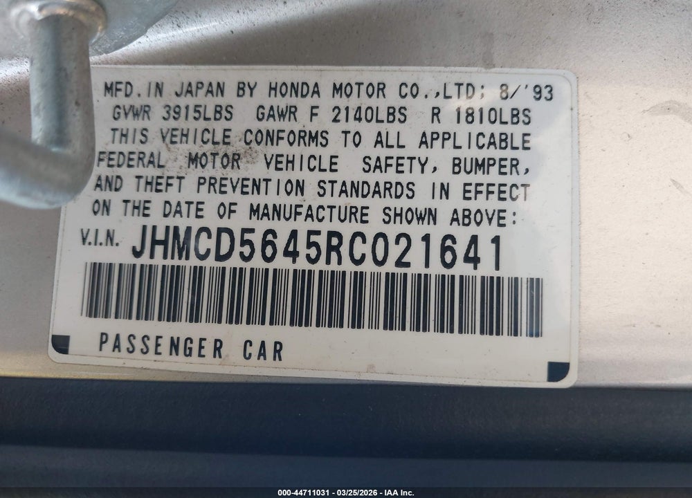 1994 HONDA ACCORD LX VIN: JHMCD5645RC021641