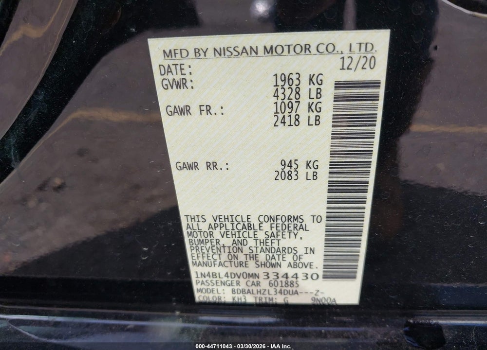 2021 NISSAN ALTIMA SV FWD VIN: 1N4BL4DV0MN334430