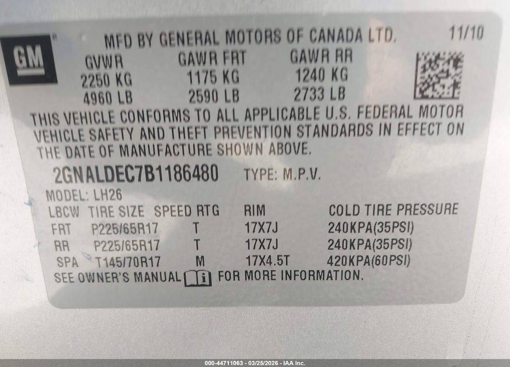 2011 CHEVROLET EQUINOX 1LT VIN: 2GNALDEC7B1186480
