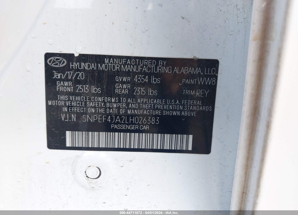 2020 HYUNDAI SONATA SEL VIN: 5NPEF4JA2LH026383