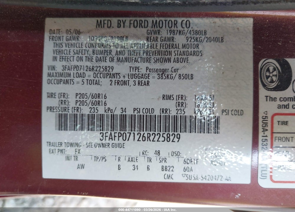2006 FORD FUSION SE VIN: 3FAFP07126R225829