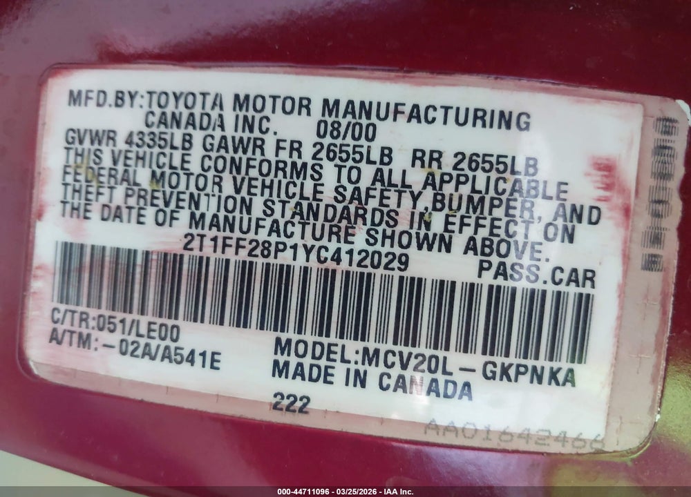 2000 TOYOTA CAMRY SOLARA SLE V6 VIN: 2T1FF28P1YC412029