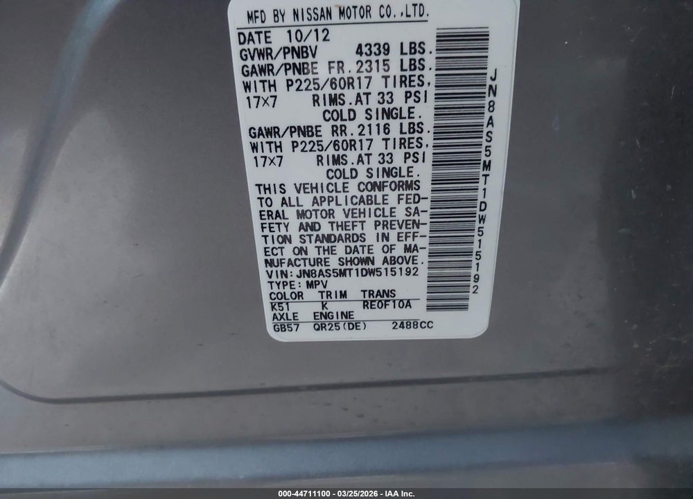 2013 NISSAN ROGUE SV VIN: JN8AS5MT1DW515192