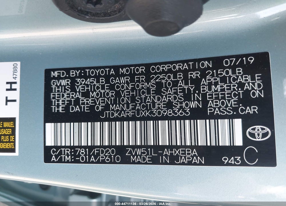 2019 TOYOTA PRIUS LE VIN: JTDKARFUXK3098363