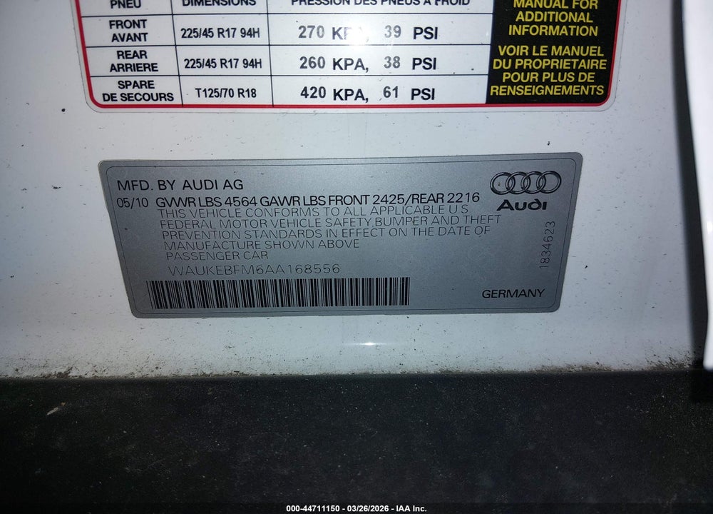 2010 AUDI A3 2.0T PREMIUM VIN: WAUKEBFM6AA168556