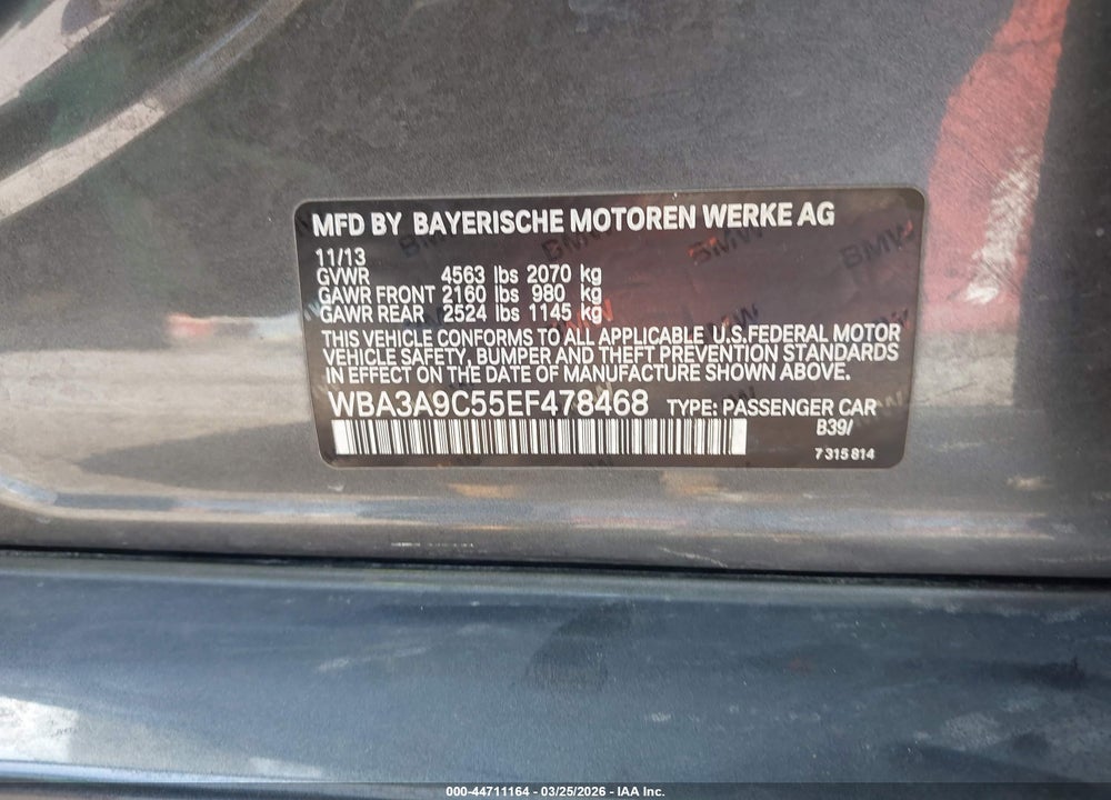 2014 BMW 335I VIN: WBA3A9C55EF478468