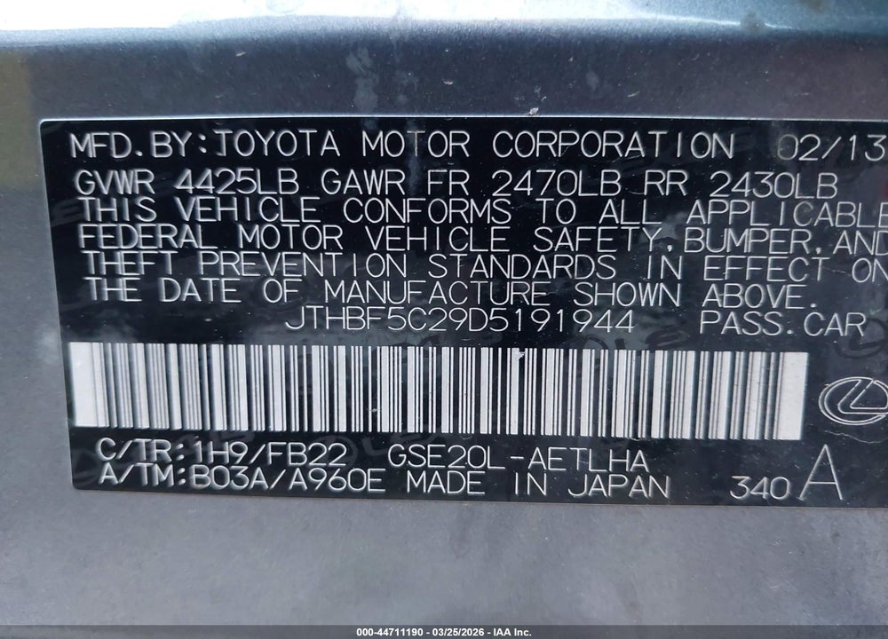 2013 LEXUS IS 250 VIN: JTHBF5C29D5191944