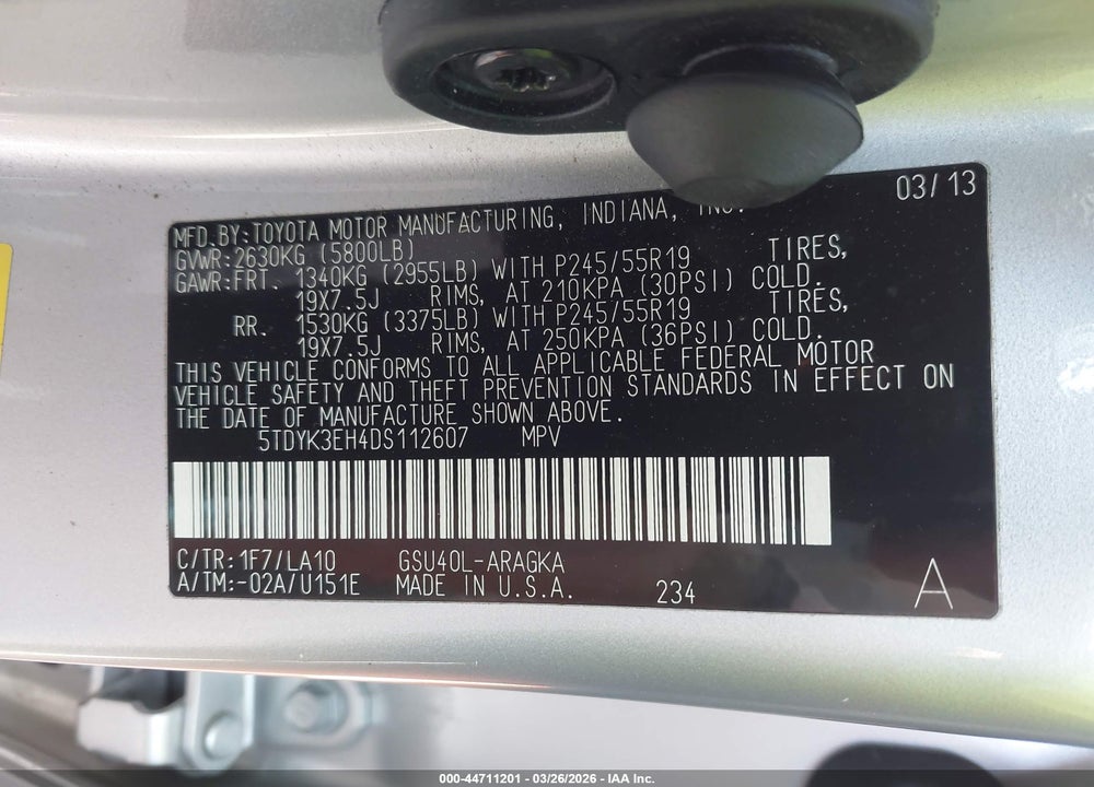 2013 TOYOTA HIGHLANDER LIMITED V6 VIN: 5TDYK3EH4DS112607