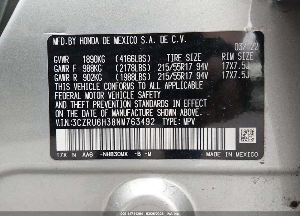 2022 HONDA HR-V AWD LX VIN: 3CZRU6H38NM763492