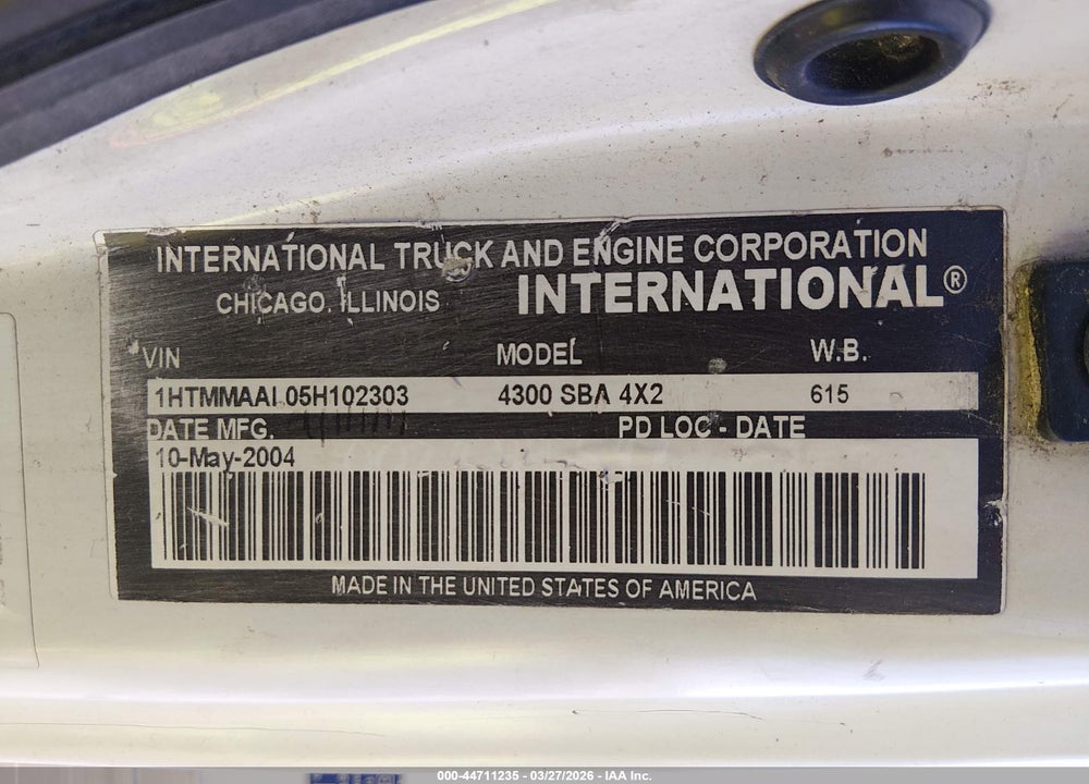 2005 INTERNATIONAL 4000 4300 VIN: 1HTMMAAL05H102303