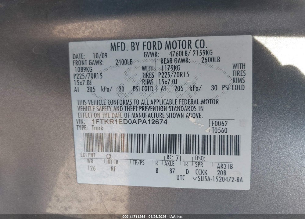 2010 FORD RANGER XL/XLT VIN: 1FTKR1ED0APA12674