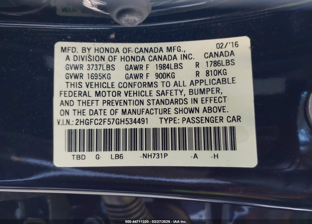 2016 HONDA CIVIC LX VIN: 2HGFC2F57GH534491