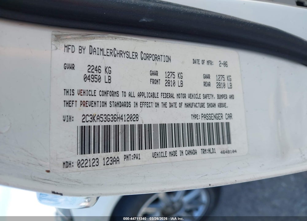 2006 CHRYSLER 300 TOURING VIN: 2C3KA53G36H412028