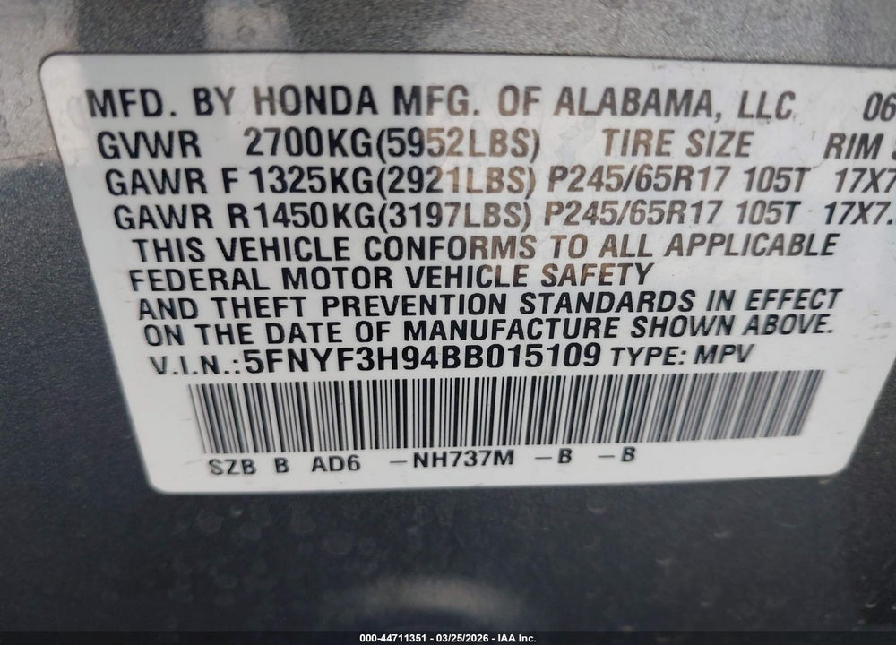 2011 HONDA PILOT TOURING VIN: 5FNYF3H94BB015109