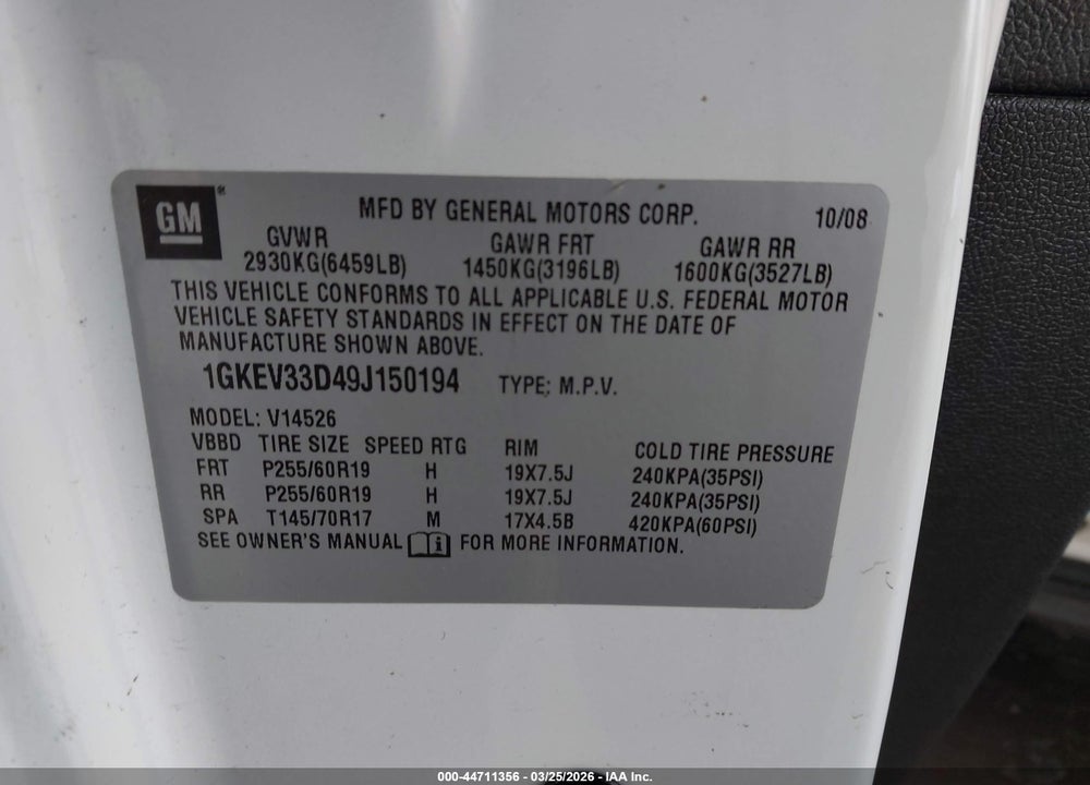 2009 GMC ACADIA SLT-2 VIN: 1GKEV33D49J150194