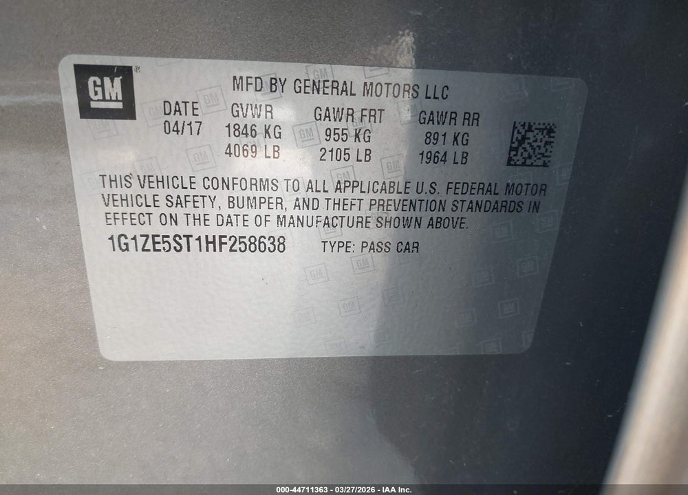 2017 CHEVROLET MALIBU 1LT VIN: 1G1ZE5ST1HF258638