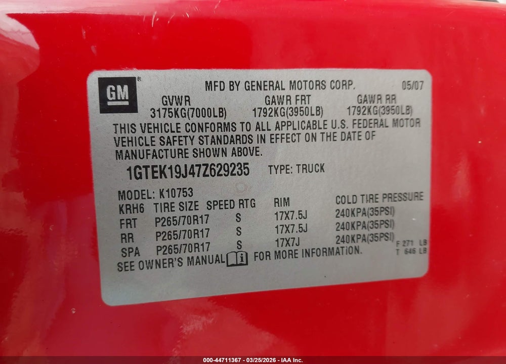 2007 GMC SIERRA 1500 SLE1 VIN: 1GTEK19J47Z629235
