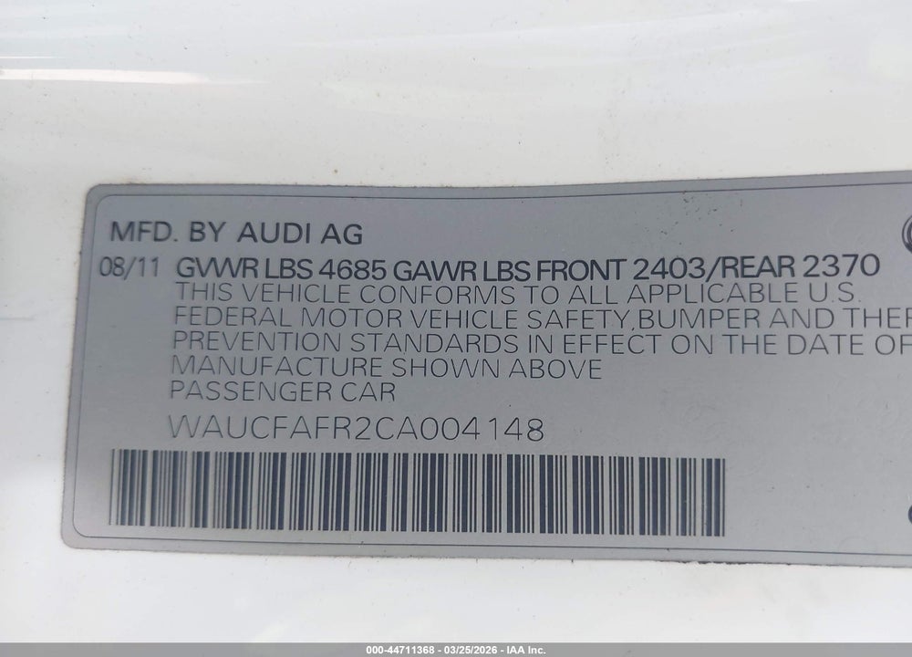 2012 AUDI A5 2.0T PREMIUM VIN: WAUCFAFR2CA004148