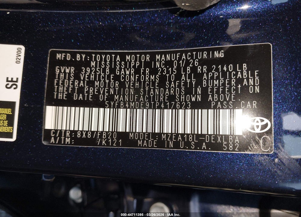 2026 TOYOTA COROLLA LE VIN: 5YFB4MDE9TP417623