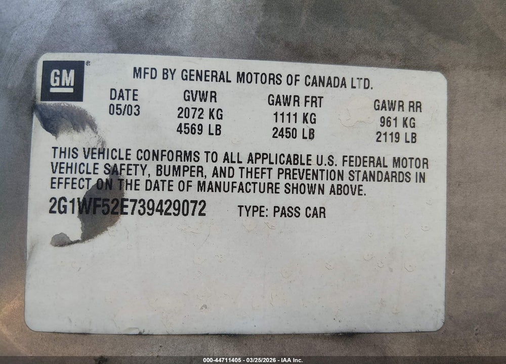 2003 CHEVROLET IMPALA VIN: 2G1WF52E739429072