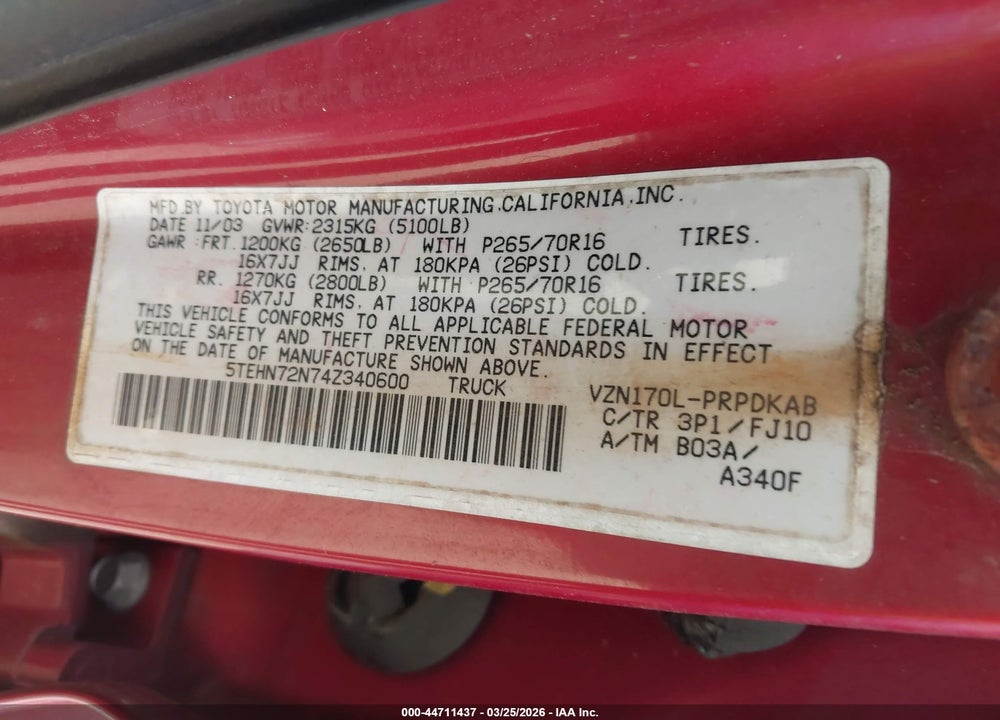 2004 TOYOTA TACOMA BASE V6 VIN: 5TEHN72N74Z340600