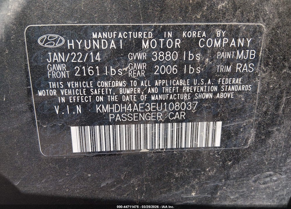 2014 HYUNDAI ELANTRA SE VIN: KMHDH4AE3EU108037