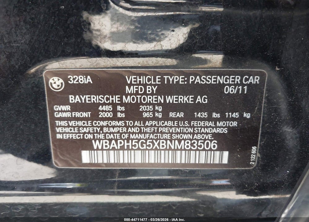 2011 BMW 328I VIN: WBAPH5G5XBNM83506