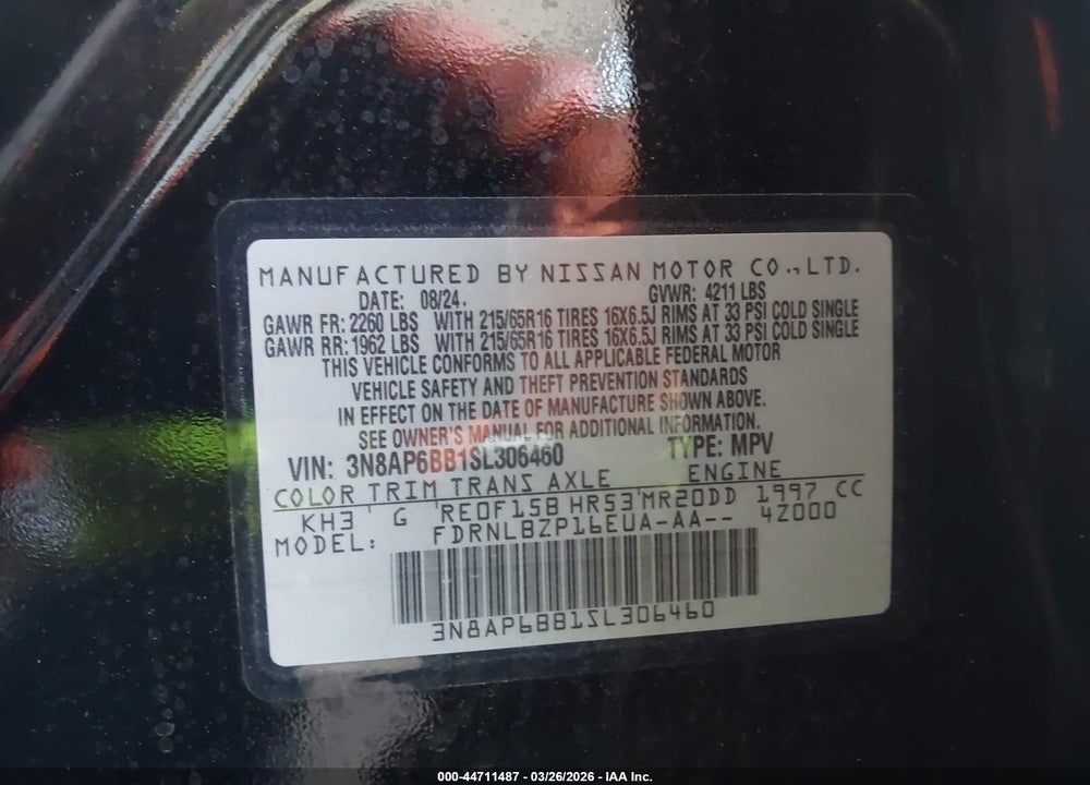 2025 NISSAN KICKS S INTELLIGENT AWD VIN: 3N8AP6BB1SL306460