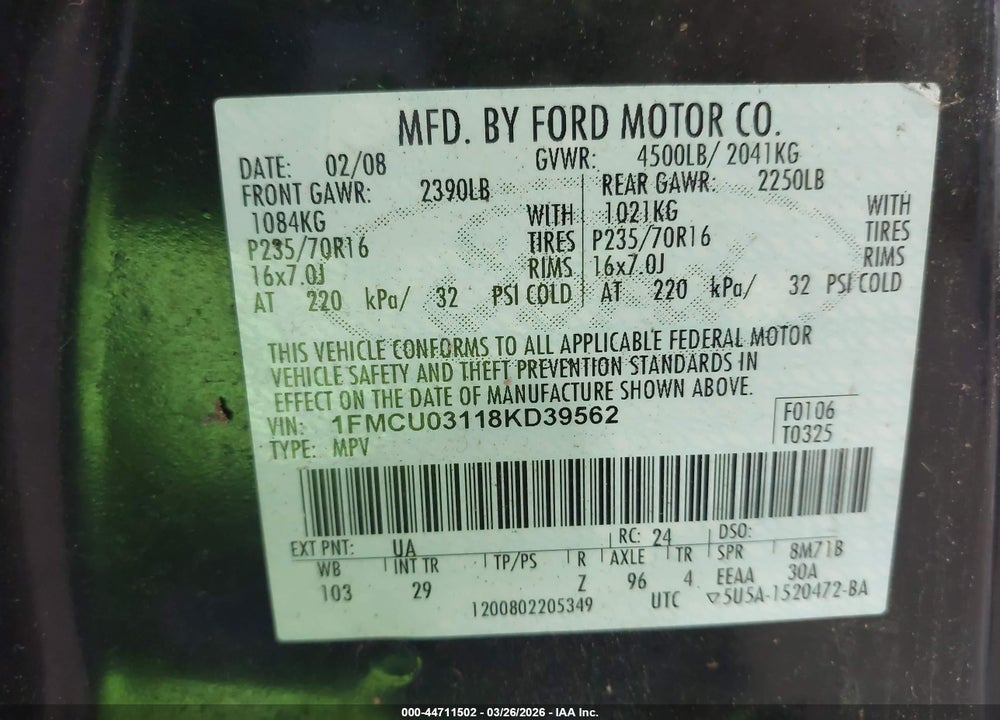 2008 FORD ESCAPE XLT VIN: 1FMCU03118KD39562