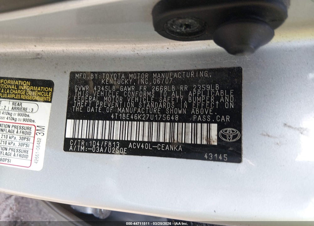 2007 TOYOTA CAMRY LE VIN: 4T1BE46K27U175648