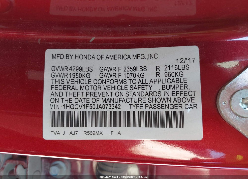 2018 HONDA ACCORD EX-L VIN: 1HGCV1F50JA073342