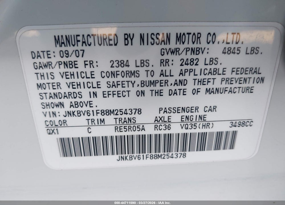 2008 INFINITI G35X VIN: JNKBV61F88M254378