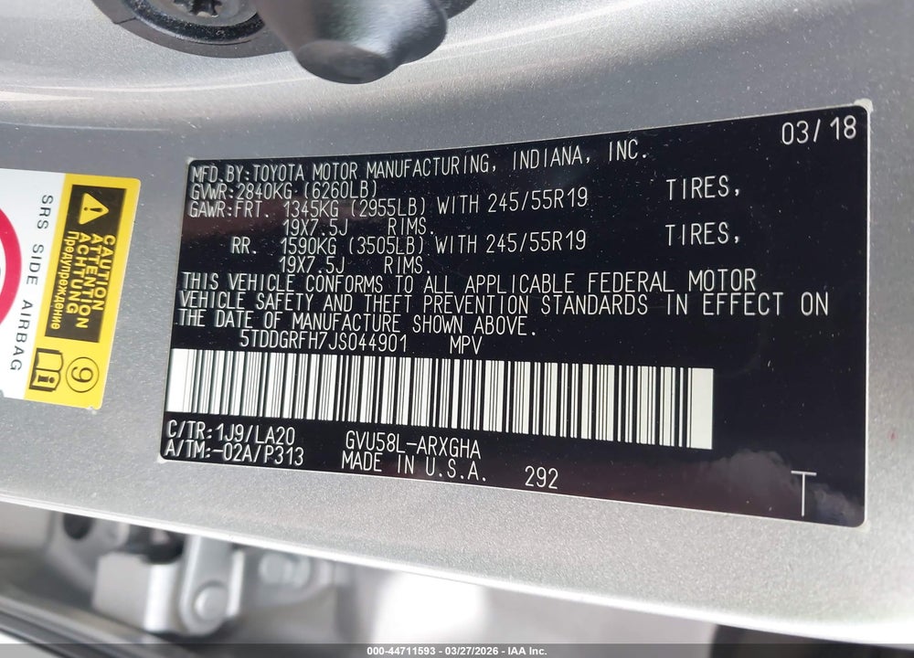 2018 TOYOTA HIGHLANDER HYBRID LIMITED PLATINUM VIN: 5TDDGRFH7JS044901