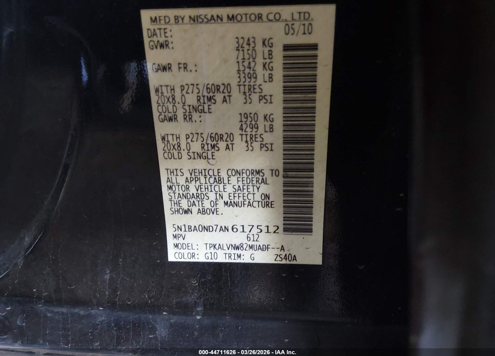 2010 NISSAN ARMADA TITANIUM VIN: 5N1BA0ND7AN617512