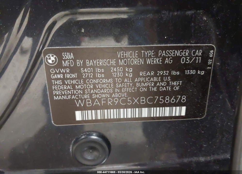 2011 BMW 550I VIN: WBAFR9C5XBC758678