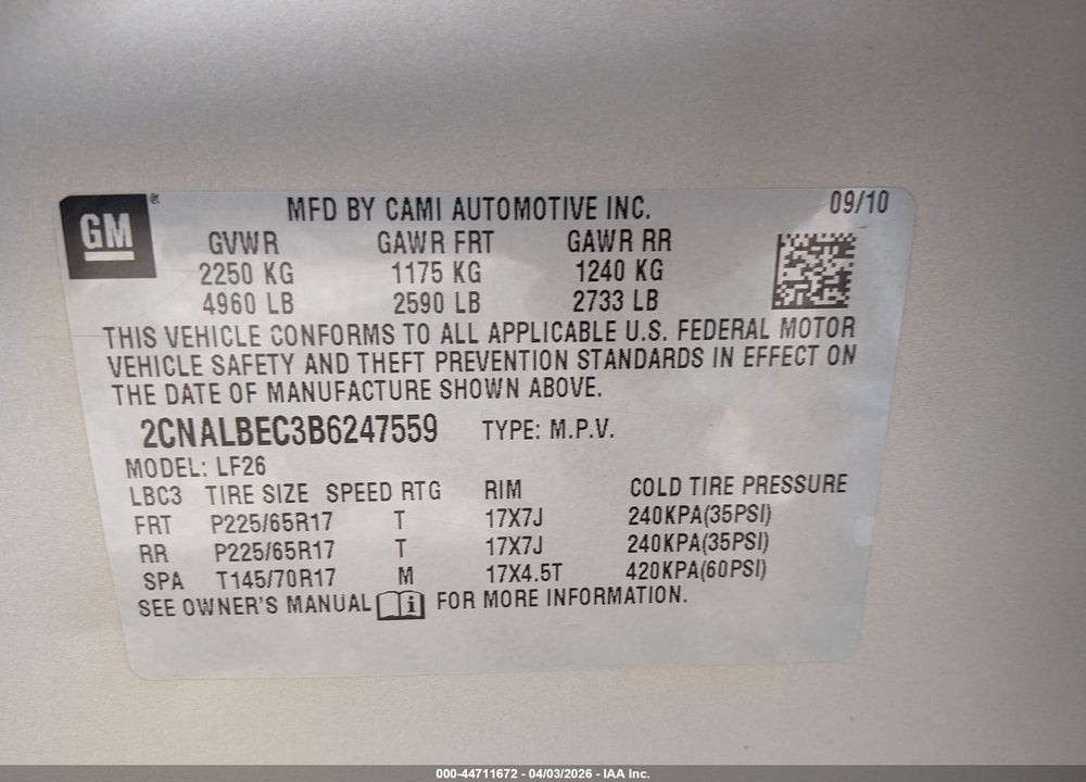 2011 CHEVROLET EQUINOX LS VIN: 2CNALBEC3B6247559