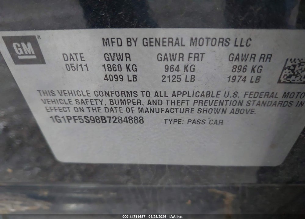 2011 CHEVROLET CRUZE 1LT VIN: 1G1PF5S98B7284888