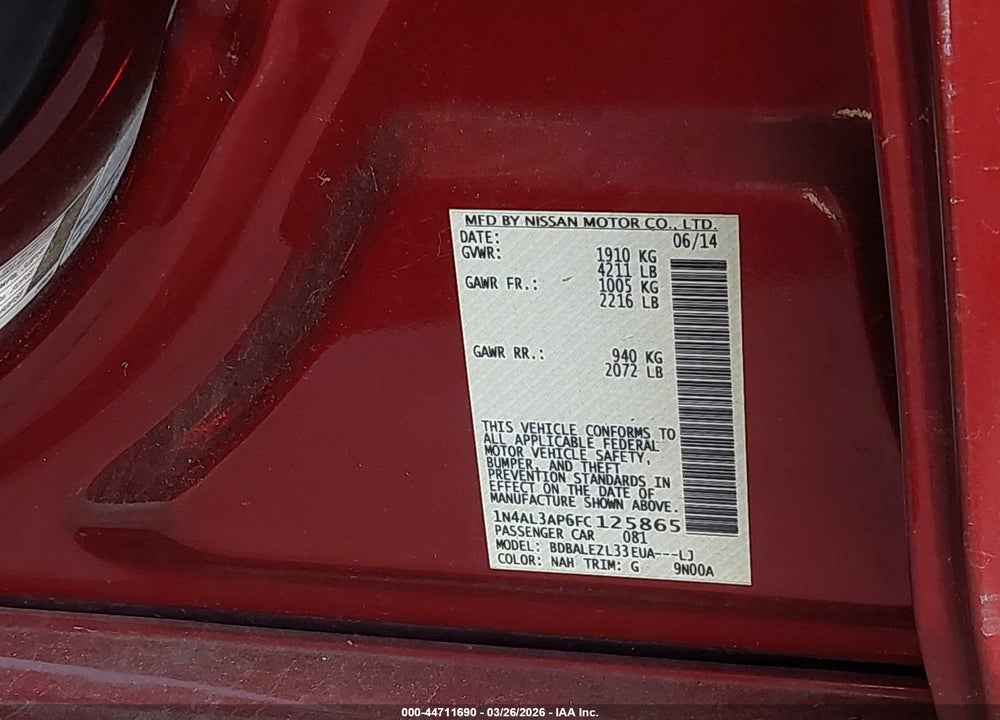 2015 NISSAN ALTIMA 2.5 S VIN: 1N4AL3AP6FC125865