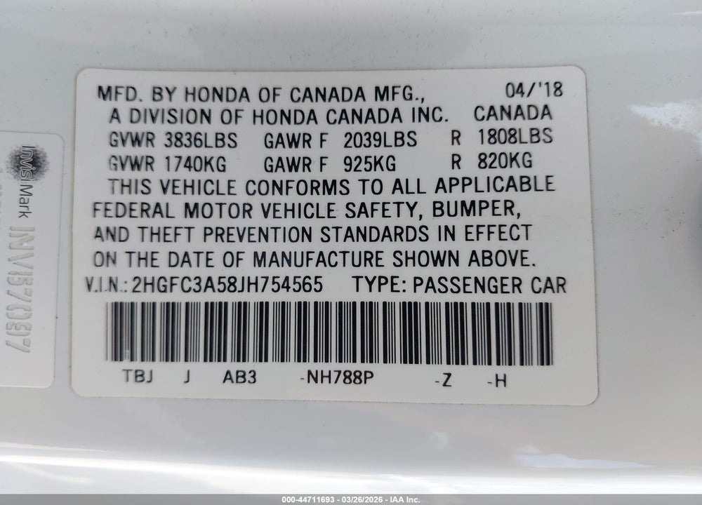 2018 HONDA CIVIC SI VIN: 2HGFC3A58JH754565