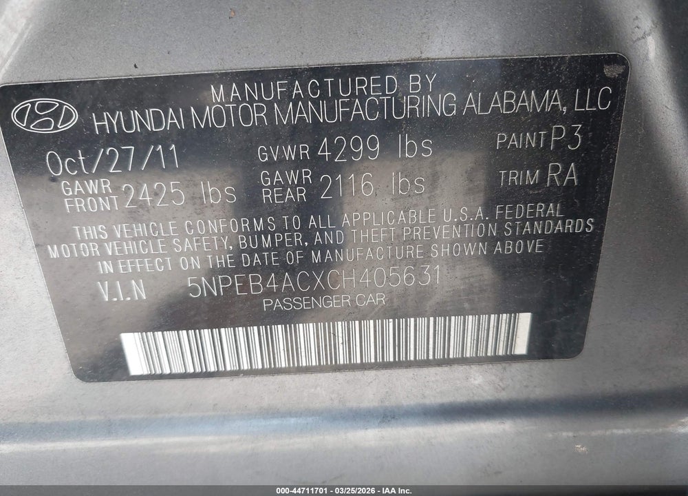 2012 HYUNDAI SONATA GLS VIN: 5NPEB4ACXCH405631